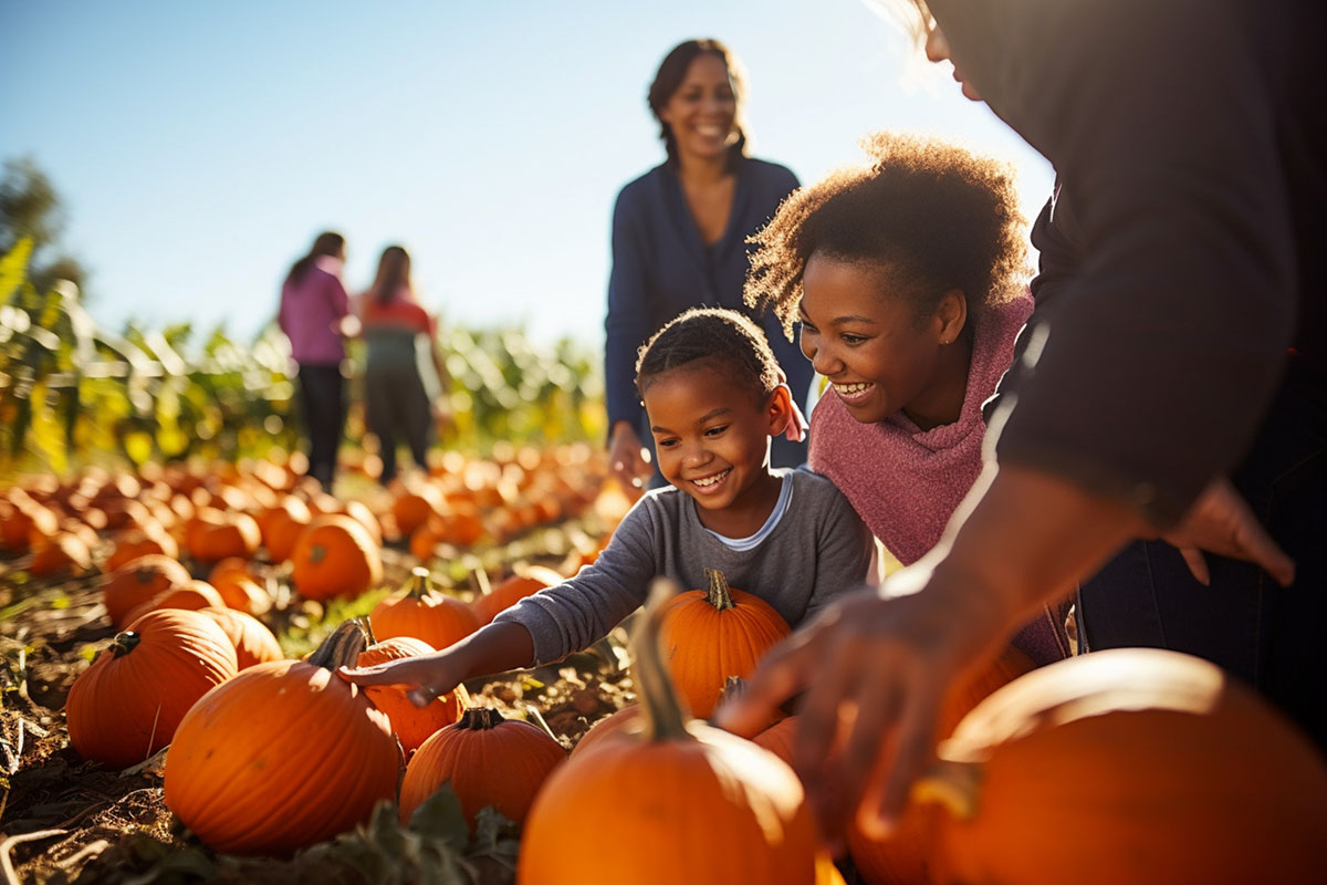 Family with two kids touching pumpkins at pumpkin patch
