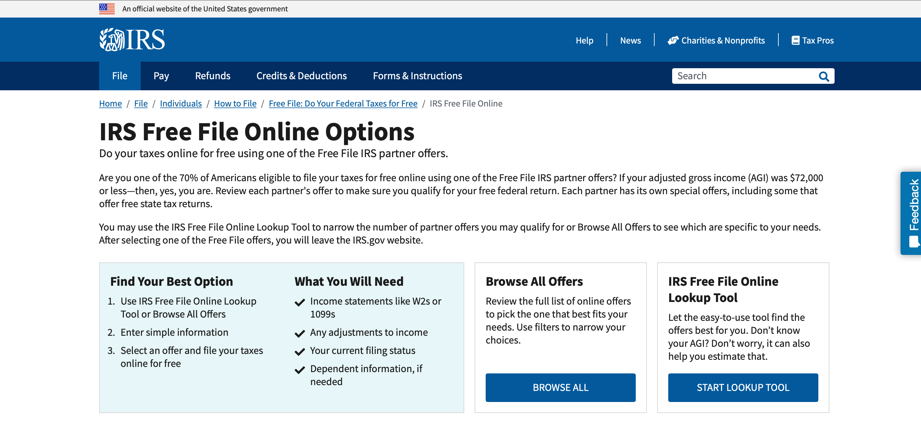 Screenshot of the IRS website